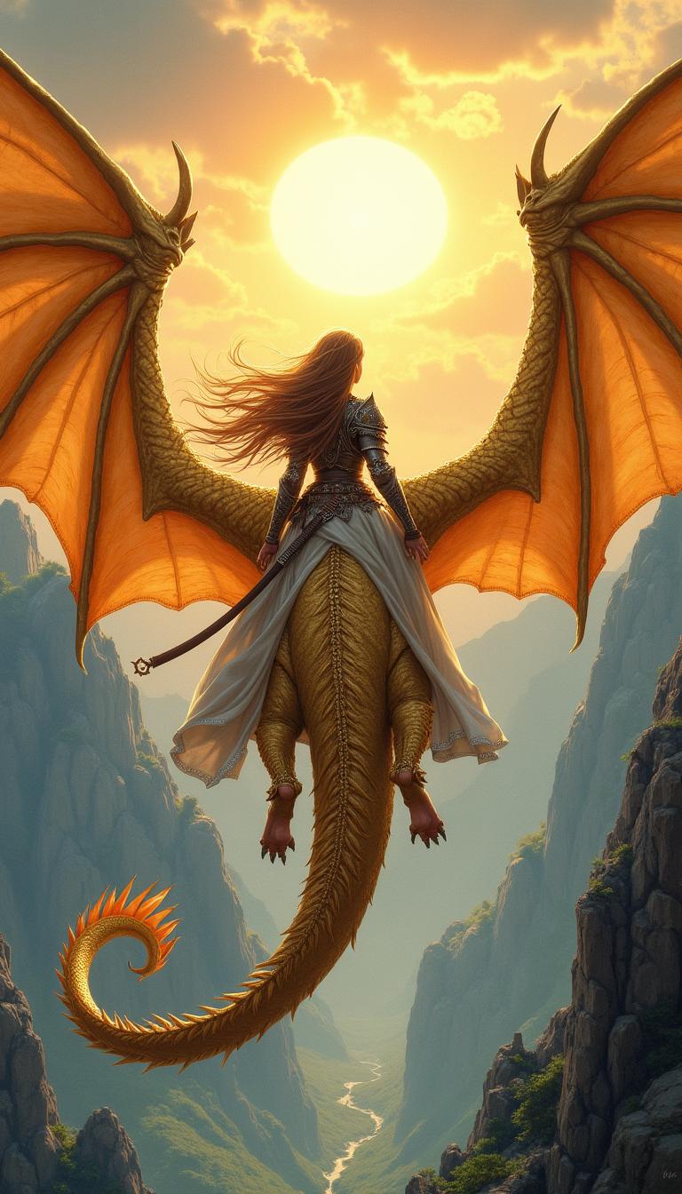 An enchanting fantasy book cover illustration featuring a woman warrior seen from behind, soaring on a magnificent golden dragon with its back prominently displayed