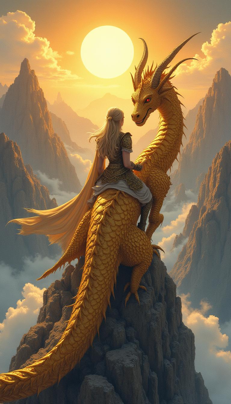 A captivating fantasy book cover illustration depicting a woman warrior seen from behind, riding on a magnificent golden dragon