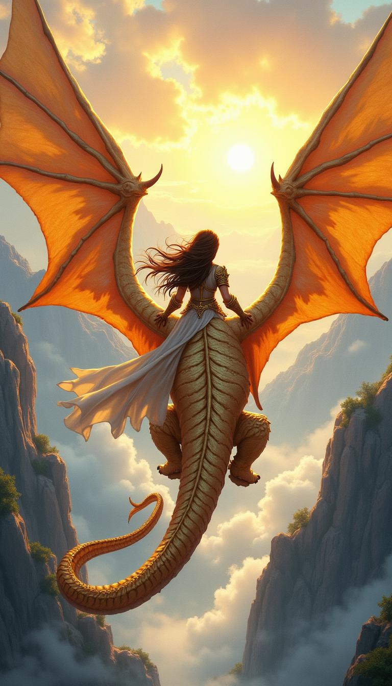 An enchanting fantasy book cover illustration featuring a woman warrior seen from behind, flying on a stunning golden dragon whose back is prominently visible