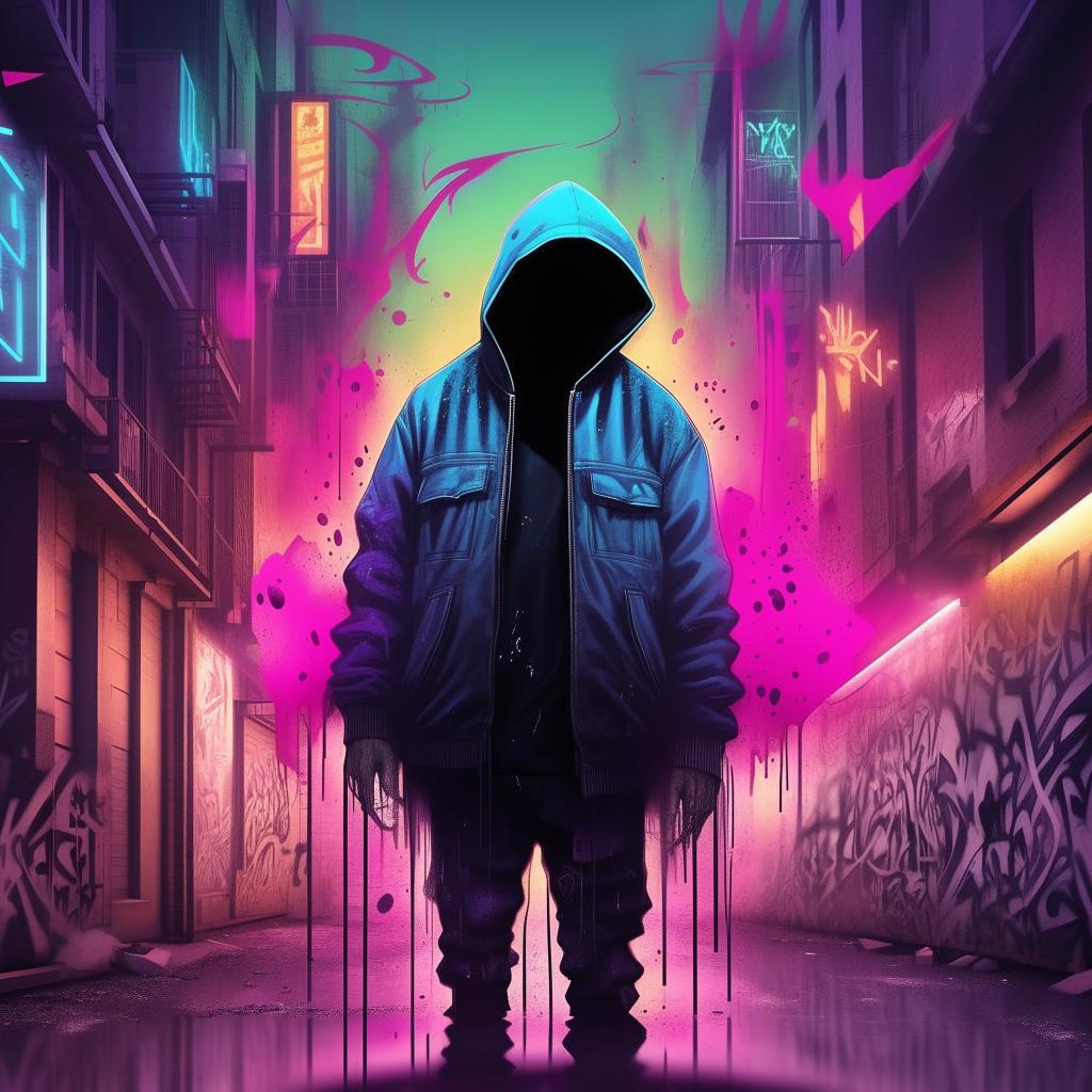 Modify the previous design to reflect a trap rap album, maintain ethereal ghostly themes, but add vibrant graffiti street art elements and heavy urban vibes