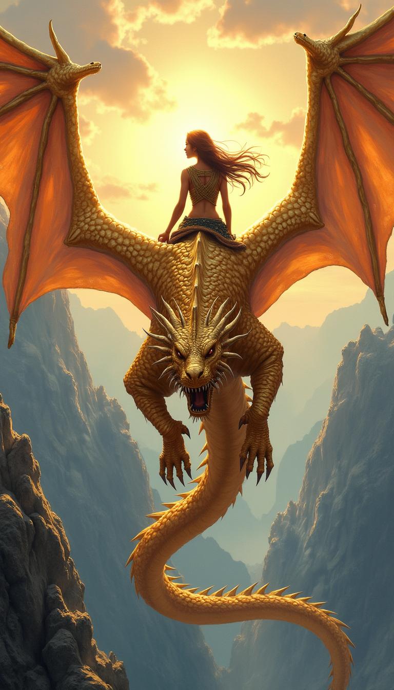 A captivating fantasy book cover illustration featuring a woman warrior viewed from behind, riding on the back of a stunning golden dragon