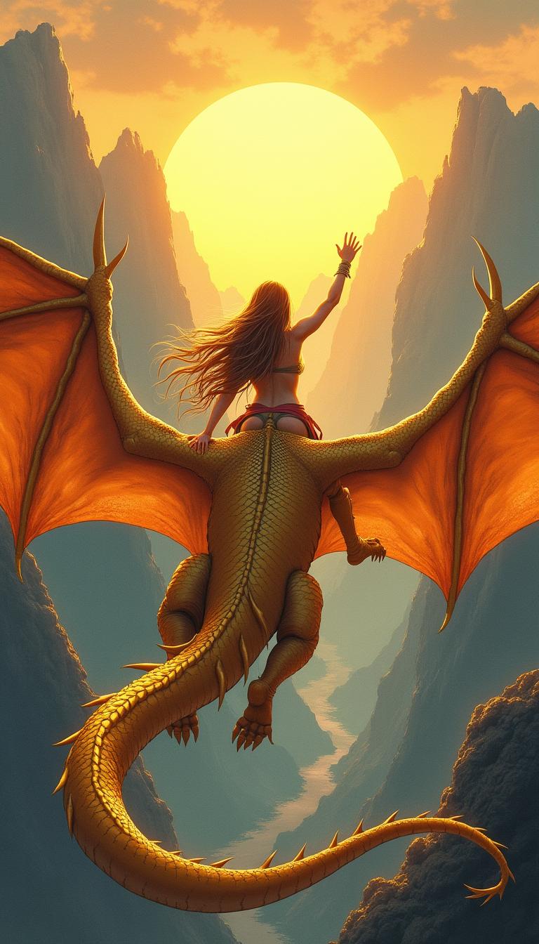 A captivating fantasy book cover illustration depicting a woman warrior seen from the back, gracefully flying on a stunning golden dragon