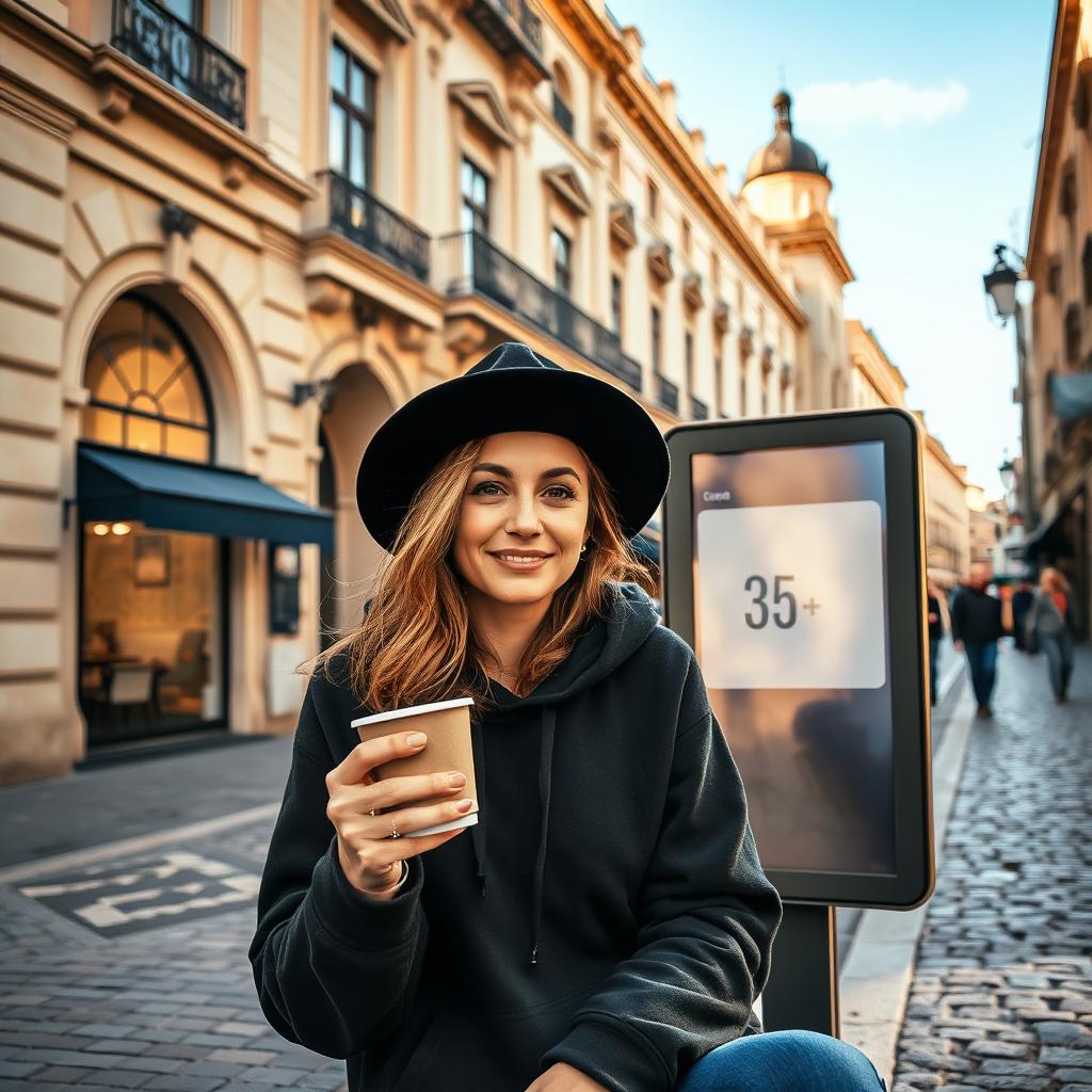 A 35-year-old woman wearing a black hoodie and a stylish hat is sipping coffee while sitting next to a large electronic board on a picturesque classical street