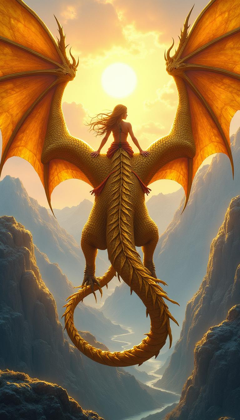 An enchanting fantasy book cover illustration featuring a woman warrior seen from behind, riding on the back of a magnificent golden dragon