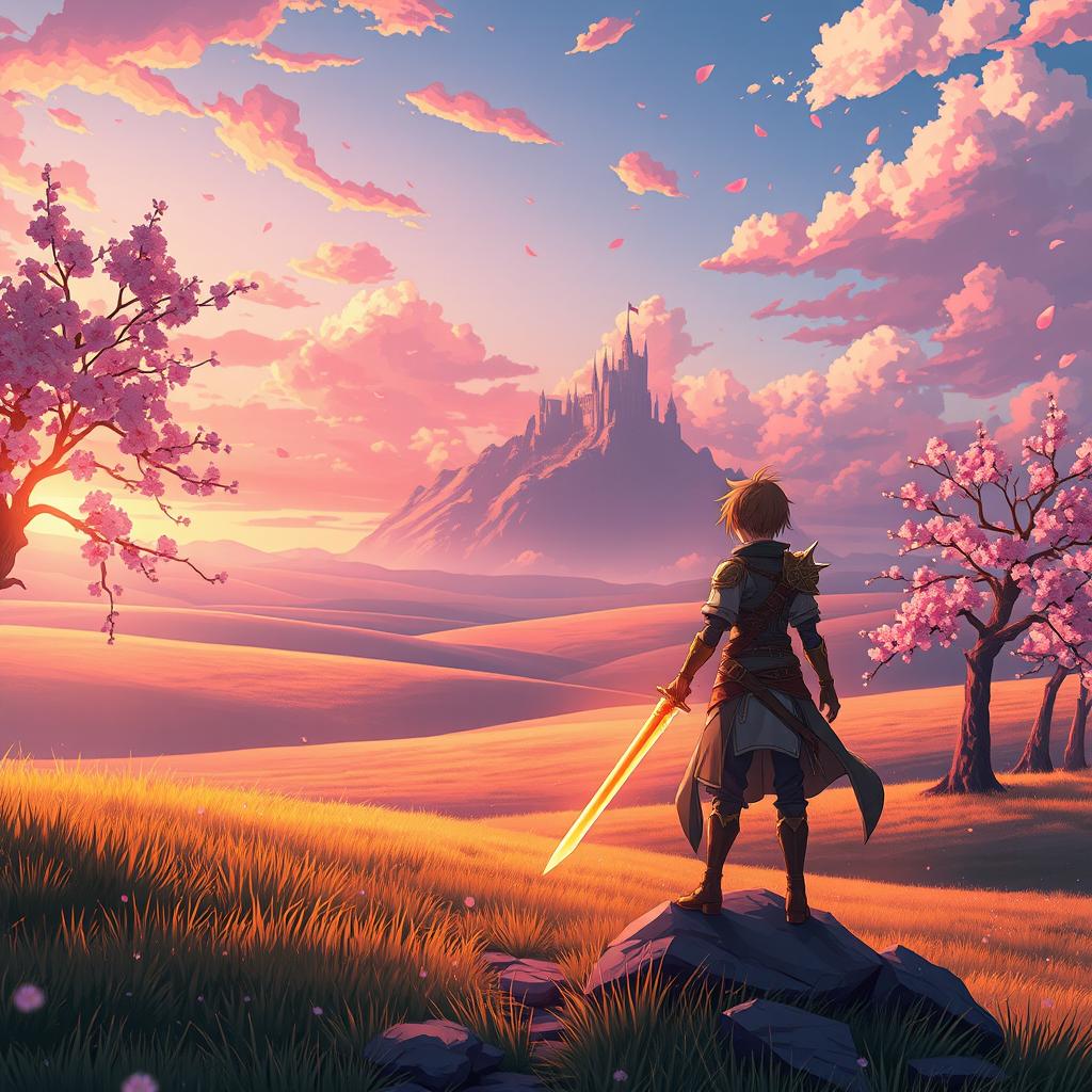 A visually striking anime scene of a fantasy landscape, featuring a vast, rolling meadow bathed in the golden light of sunset