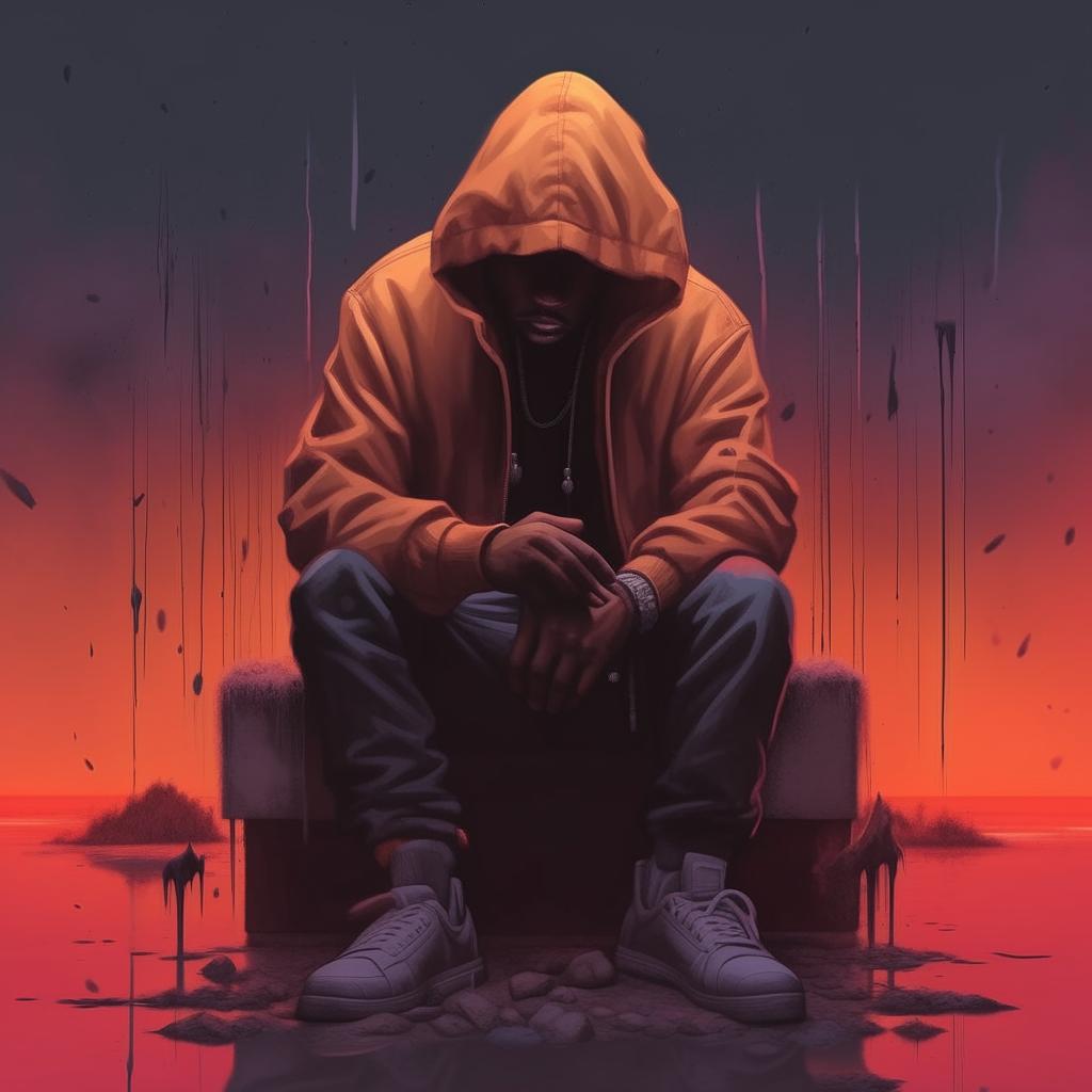 Recreate the trap rap album cover, focusing on conveying the emotion of sadness. No human figures should be included; instead, use symbolic elements and color shades to convey melancholy