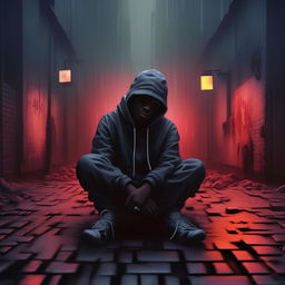 Recreate the trap rap album cover, focusing on conveying the emotion of sadness. No human figures should be included; instead, use symbolic elements and color shades to convey melancholy