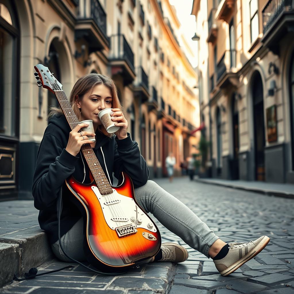 A 35-year-old woman wearing a stylish black hoodie is sipping coffee while sitting beside an electric guitar on a charming classical street