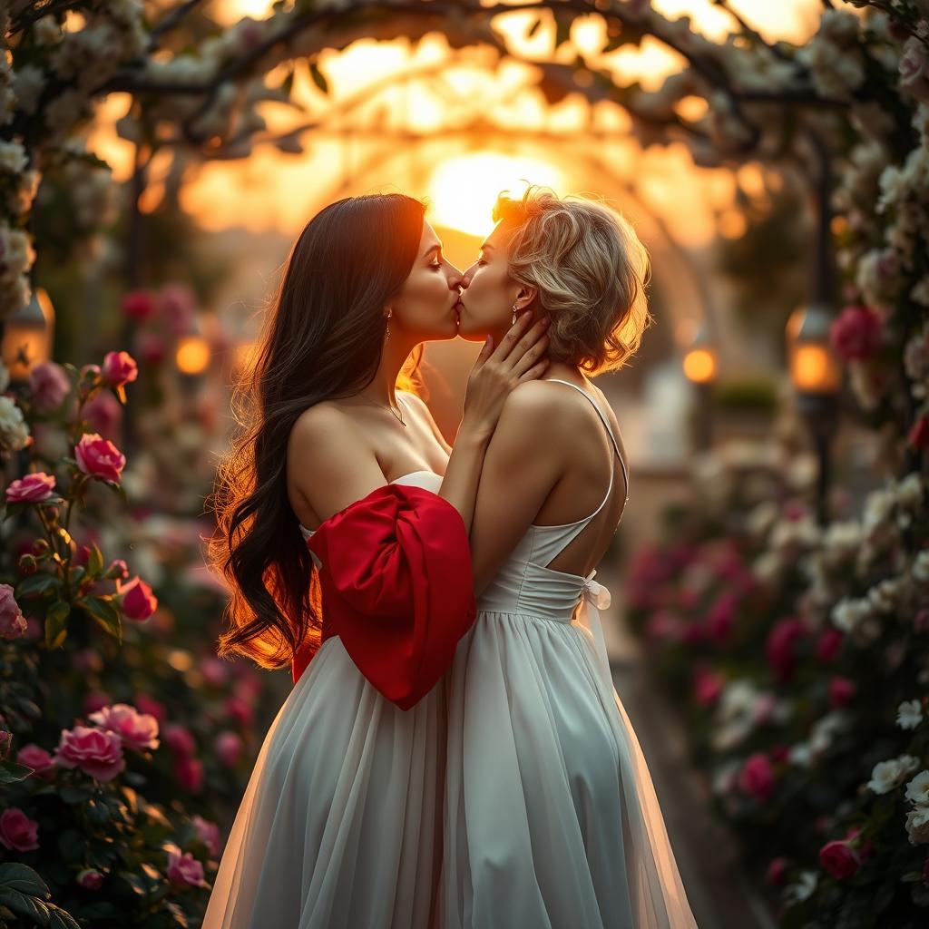 A romantic scene featuring two elegant women, Antonella and Georgina, captured in a soft, intimate moment as they kiss