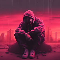 Recreate the trap rap album cover, focusing on conveying the emotion of sadness. No human figures should be included; instead, use symbolic elements and color shades to convey melancholy