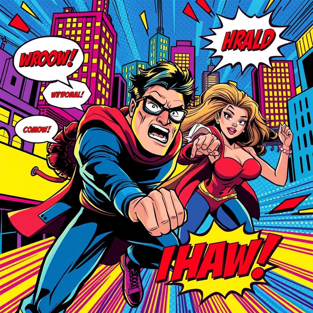 A vibrant comic book style illustration featuring a dynamic scene, with bold outlines and rich colors