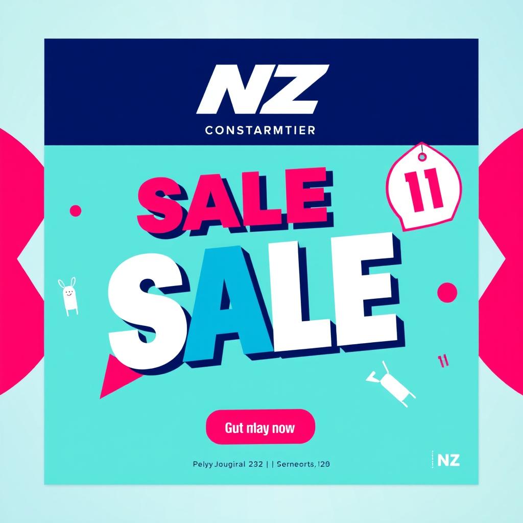 A stylish graphic design concept for a sale promotion featuring the logo and branding elements of the NZ brand