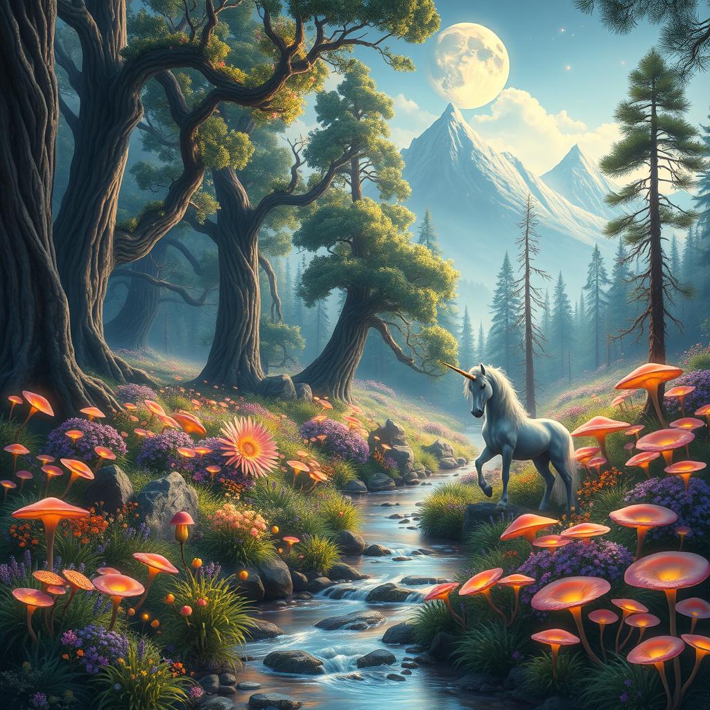 A stunning fantasy landscape featuring a sprawling enchanted forest filled with vibrant, glowing flowers, towering ancient trees with thick trunks, and soft, bioluminescent mushrooms illuminating the forest floor