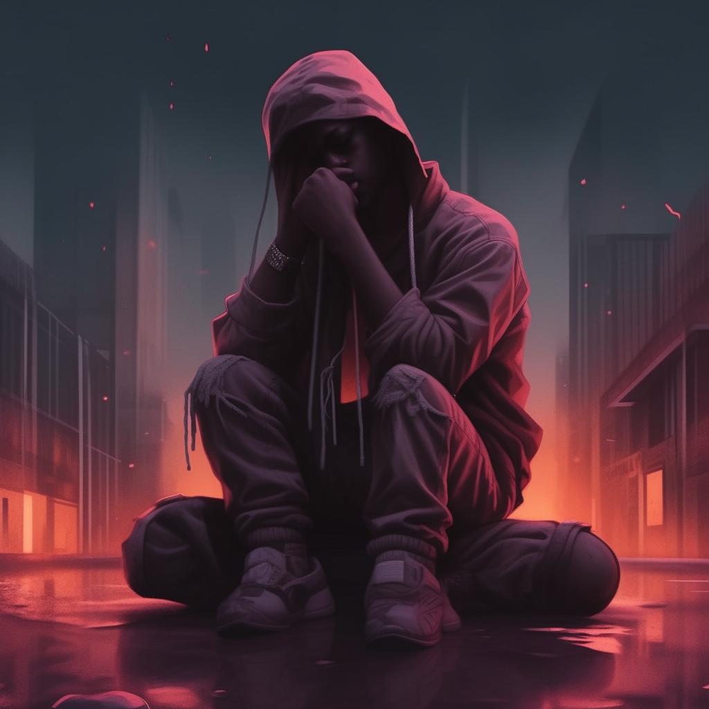 Recreate the trap rap album cover, focusing on conveying the emotion of sadness. No human figures should be included; instead, use symbolic elements and color shades to convey melancholy