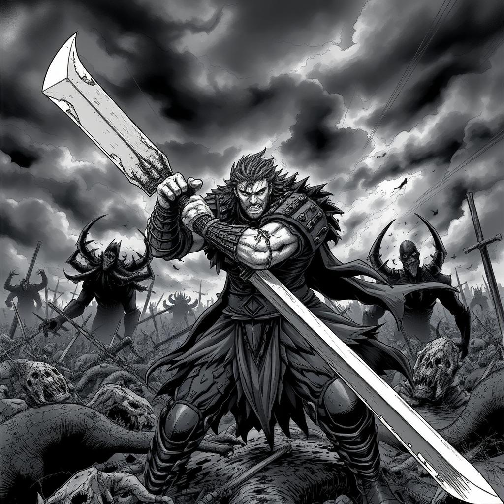 A dark and intense scene featuring a strong, brooding character reminiscent of Guts from the Berserk manga, wielding a massive sword amidst a chaotic battlefield