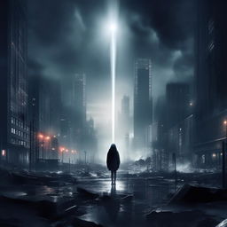 Create a trap album cover showcasing a dark, atmospheric cityscape. The main feature is a distant woman, shrouded in mystery yet bursting with light. She stands alone as the lone beacon illuminating the solemn urban expanse.