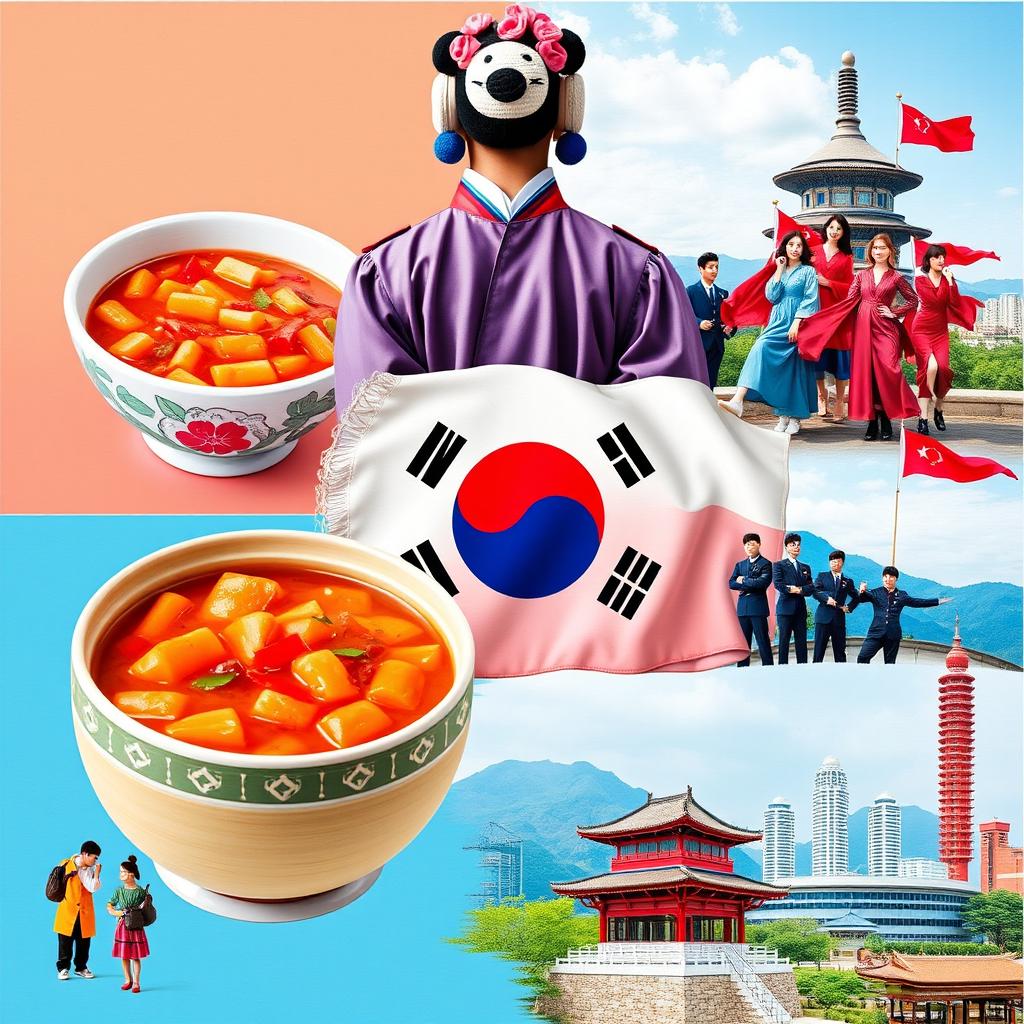 A vibrant collage showcasing the rich culture of Korea, featuring traditional Kimchi in a beautiful ceramic bowl, a person wearing a colorful Hanbok, dynamic poses of K-Pop performers in stylish outfits, and artistic representations of both North and South Korea's landscapes, blending elements like the iconic Seoul skyline and North Korean architecture