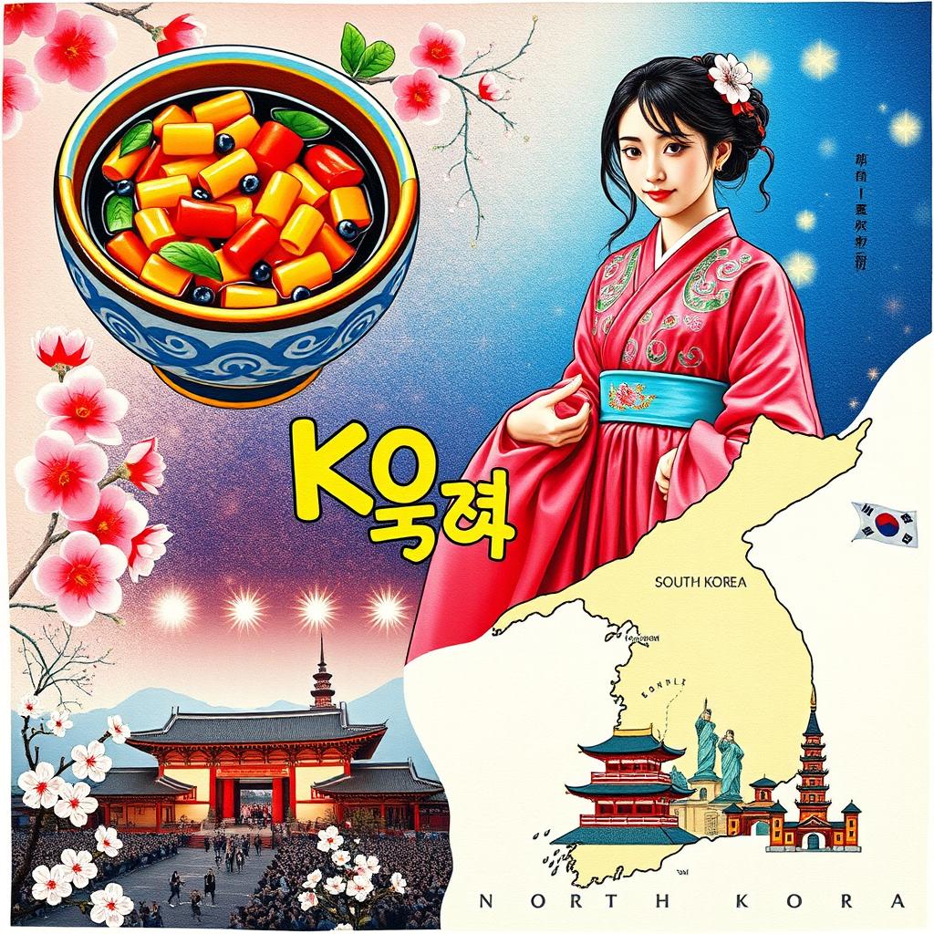 A vibrant and colorful collage representing Korean culture, featuring traditional Kimchi in a detailed ceramic bowl, a woman wearing a beautifully embroidered Hanbok with flowing fabric and vibrant colors, a lively K-Pop concert scene with energetic dancers and bright stage lights, and a map dividing North and South Korea with iconic landmarks from both regions