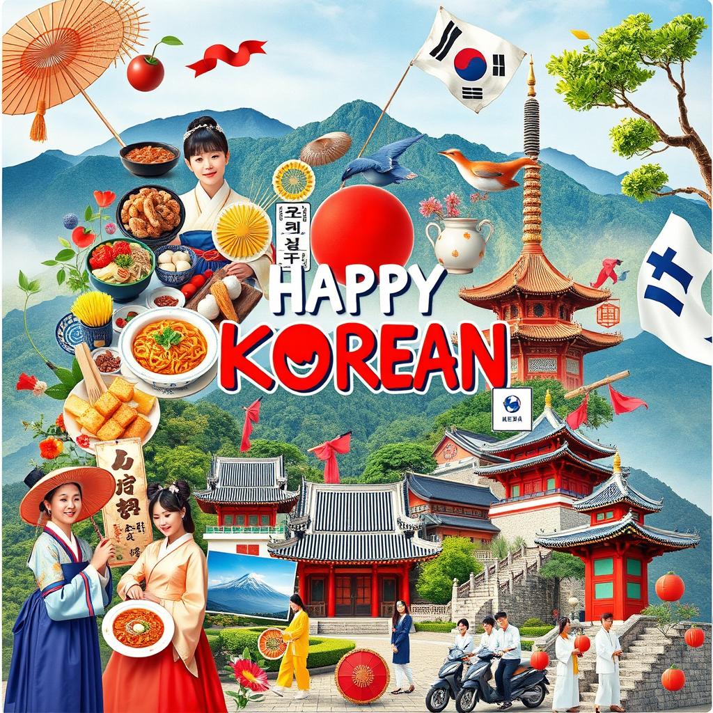 A vibrant collage celebrating Korean culture featuring traditional elements such as hanbok (traditional Korean clothing), vibrant Korean street food like tteokbokki and kimchi, breathtaking landscapes like Jeju Island, and iconic landmarks like Gyeongbokgung Palace