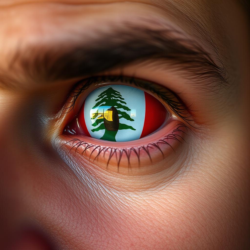 A close-up view of a man's eye with the Lebanon flag beautifully reflected in the iris