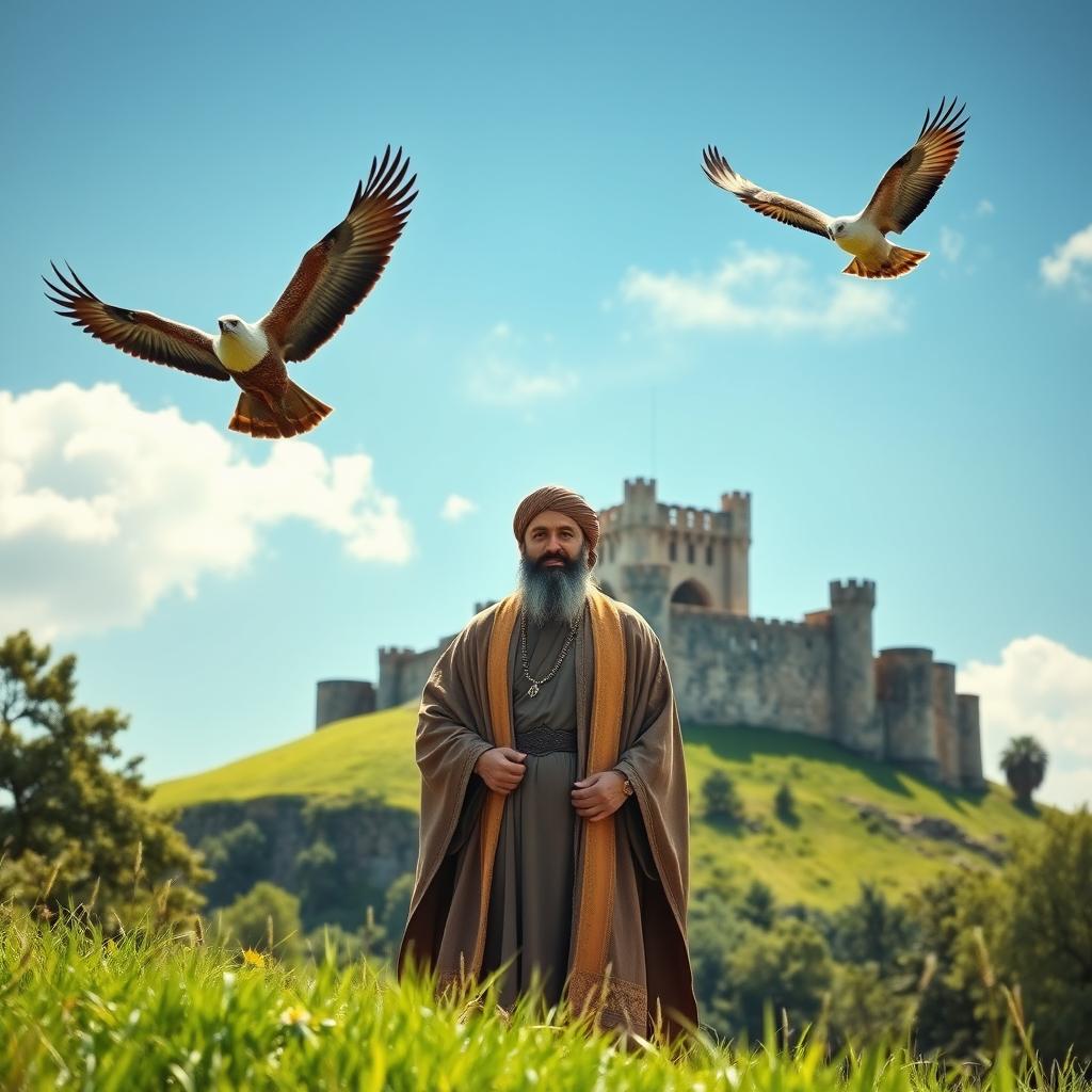 A majestic Islamic cleric standing proudly in front of a grand, ancient castle perched atop a lush green hill