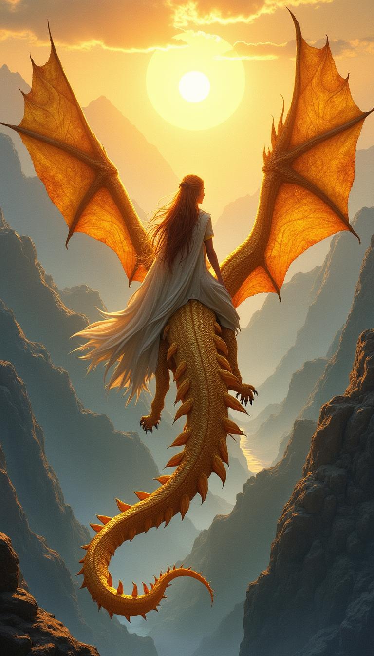 An enchanting fantasy book cover illustration featuring a woman warrior viewed from behind, riding on the back of a stunning golden dragon