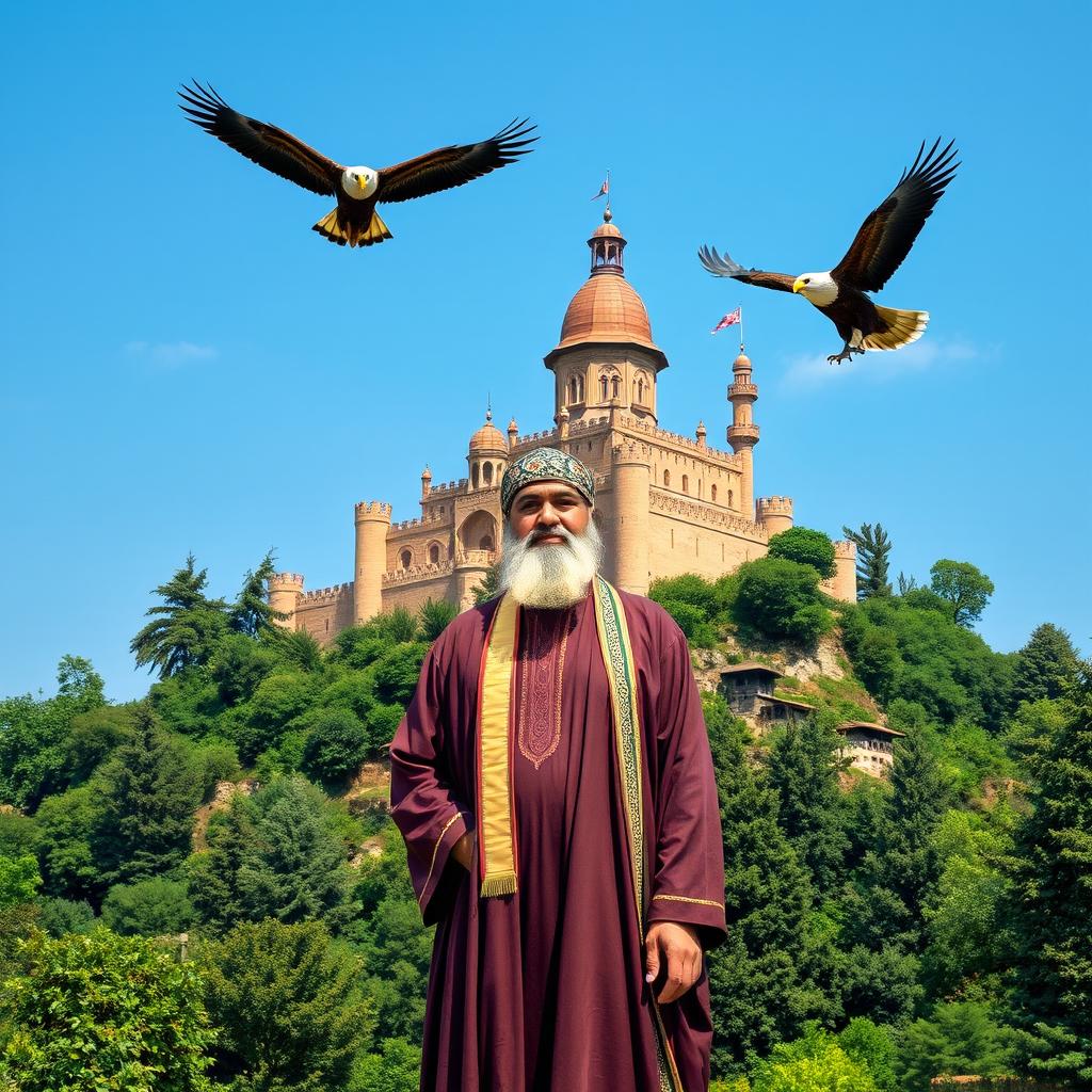 A serene and majestic wallpaper featuring an Islamic cleric, dressed in traditional attire, standing confidently in front of a grand castle perched atop a hill