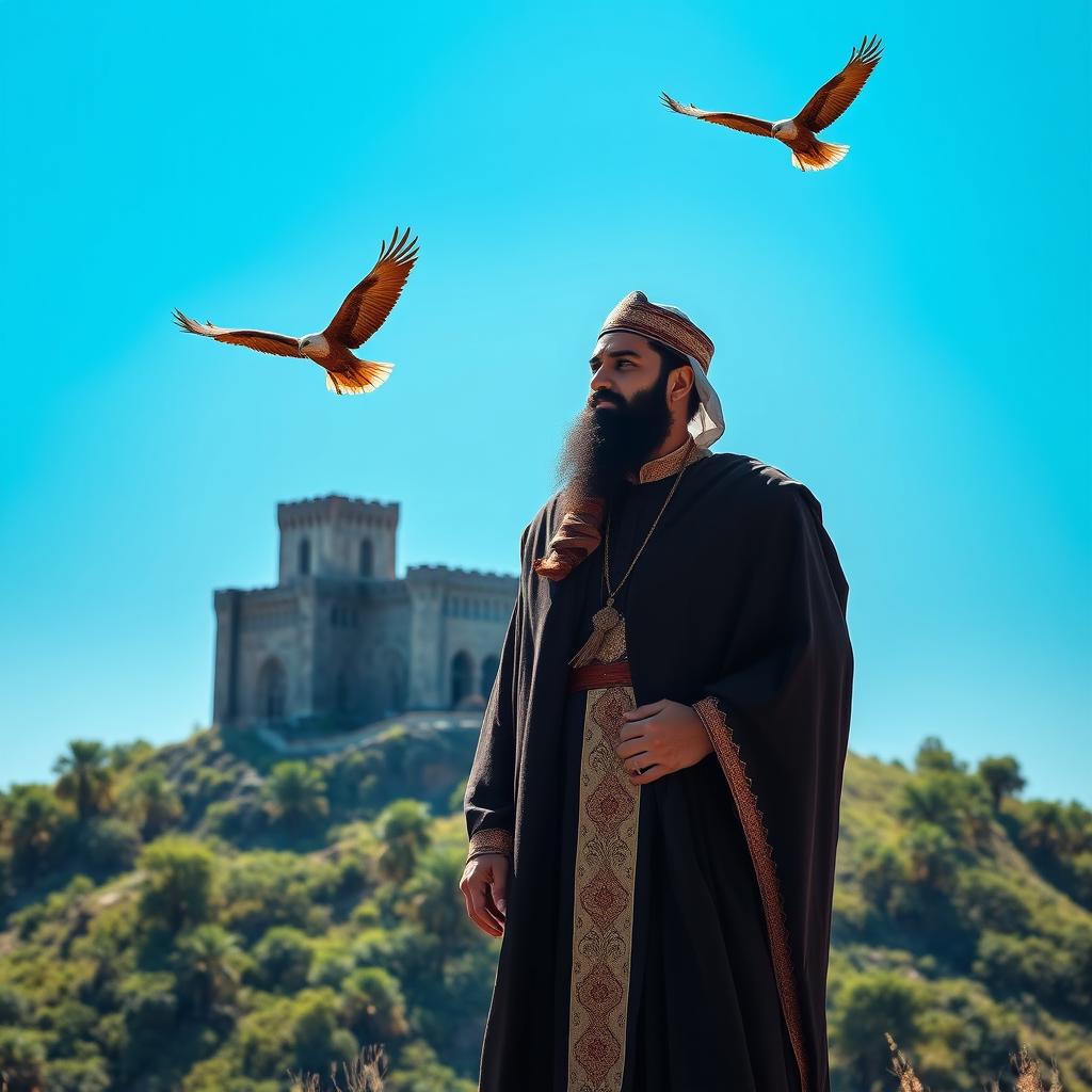 A majestic Islamic cleric dressed in traditional attire stands in front of a grand castle perched atop a hill, under a vast blue sky