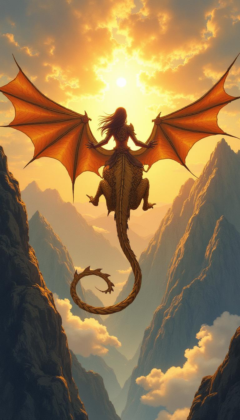 An enchanting fantasy book cover illustration featuring a woman warrior seen from behind, soaring on a magnificent golden dragon whose back is visible as well