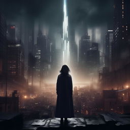 Create a trap album cover showcasing a dark, atmospheric cityscape. The main feature is a distant woman, shrouded in mystery yet bursting with light. She stands alone as the lone beacon illuminating the solemn urban expanse.