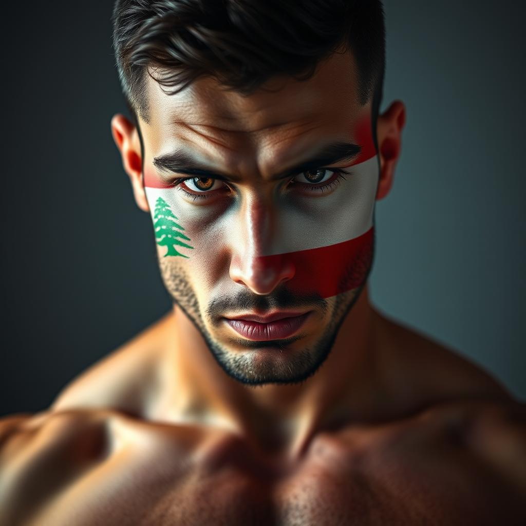 A striking close-up portrait of a man's upper body, showcasing his well-defined physique from head to stomach