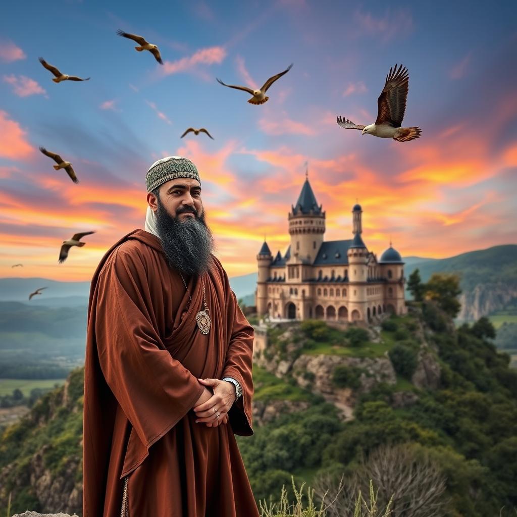 An Islamic cleric wearing traditional attire, standing majestically in front of a magnificent castle perched on a hilltop