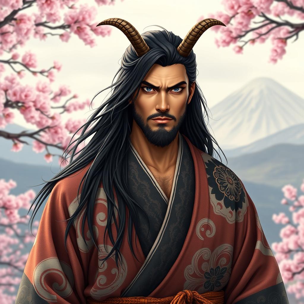 A striking figure of a 35-year-old man standing at an impressive 6'4" with long, flowing dark hair that cascades down his shoulders
