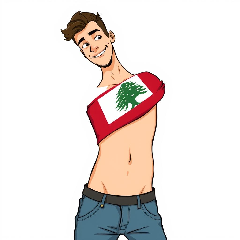 A cartoon-style illustration of a man's body from the head to the stomach, with a vibrant representation of the Lebanon flag artistically wrapped around his right eye