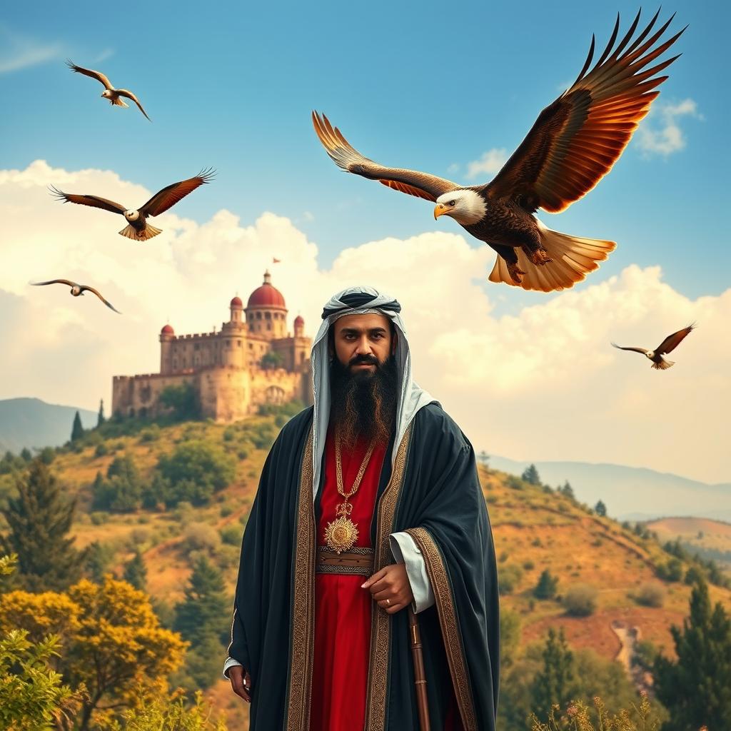 A majestic Islamic Arab cleric wearing traditional attire, standing confidently in front of a grand castle perched atop a hill