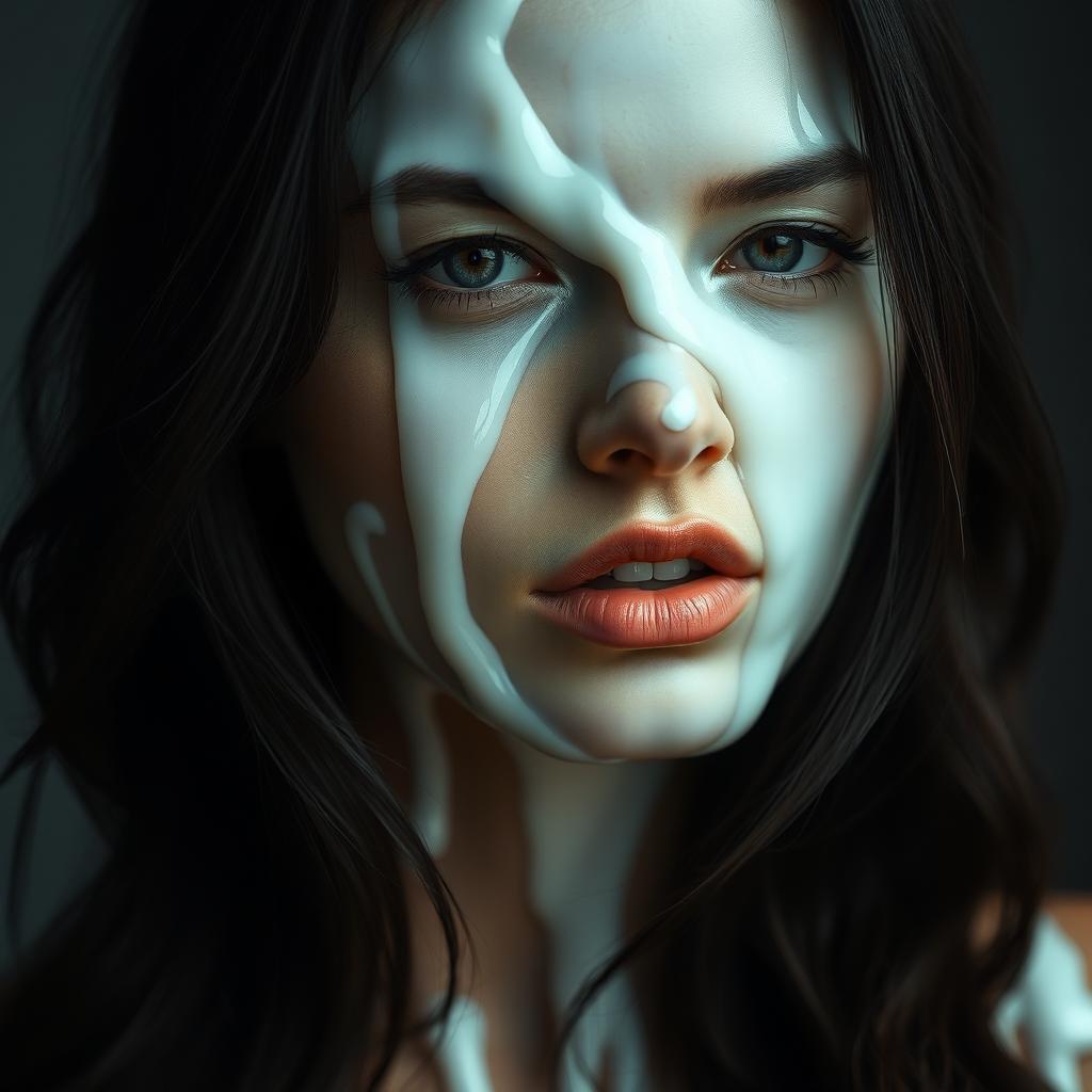 A woman's face beautifully adorned with a thick, glossy layer of white liquid, creating a striking contrast against her skin