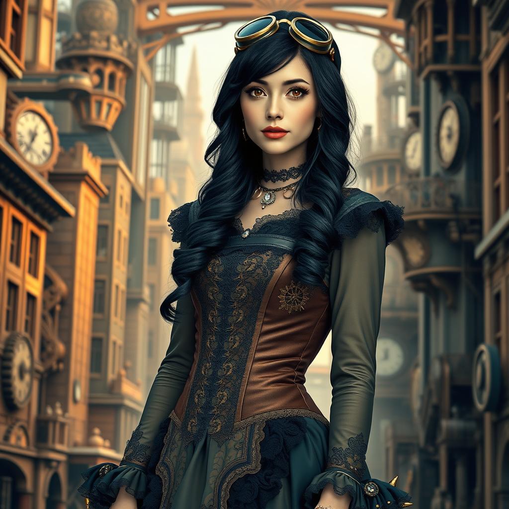 A captivating 22-year-old woman standing at 6'0" with striking jet black hair styled in elegant waves that frame her face