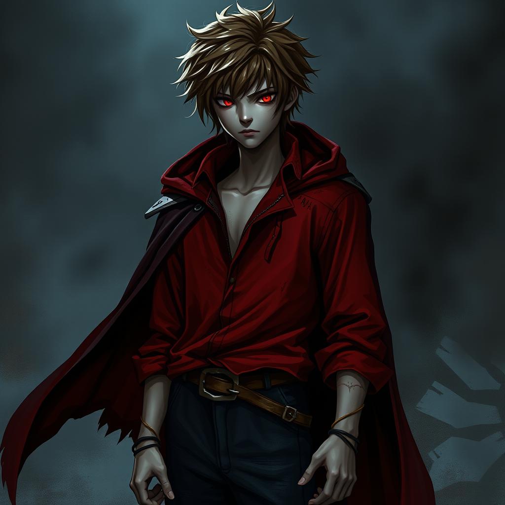 An intriguing 19-year-old character standing at 5'10" with shaggy brown hair that appears tousled and wild