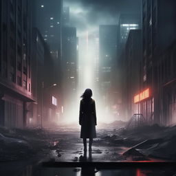 Create a trap album cover showcasing a dark, atmospheric cityscape. The main feature is a distant woman, shrouded in mystery yet bursting with light. She stands alone as the lone beacon illuminating the solemn urban expanse.