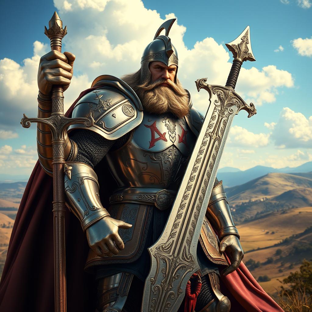 A majestic Goliath Knight standing tall and proud, adorned in intricate, polished armor that reflects light beautifully