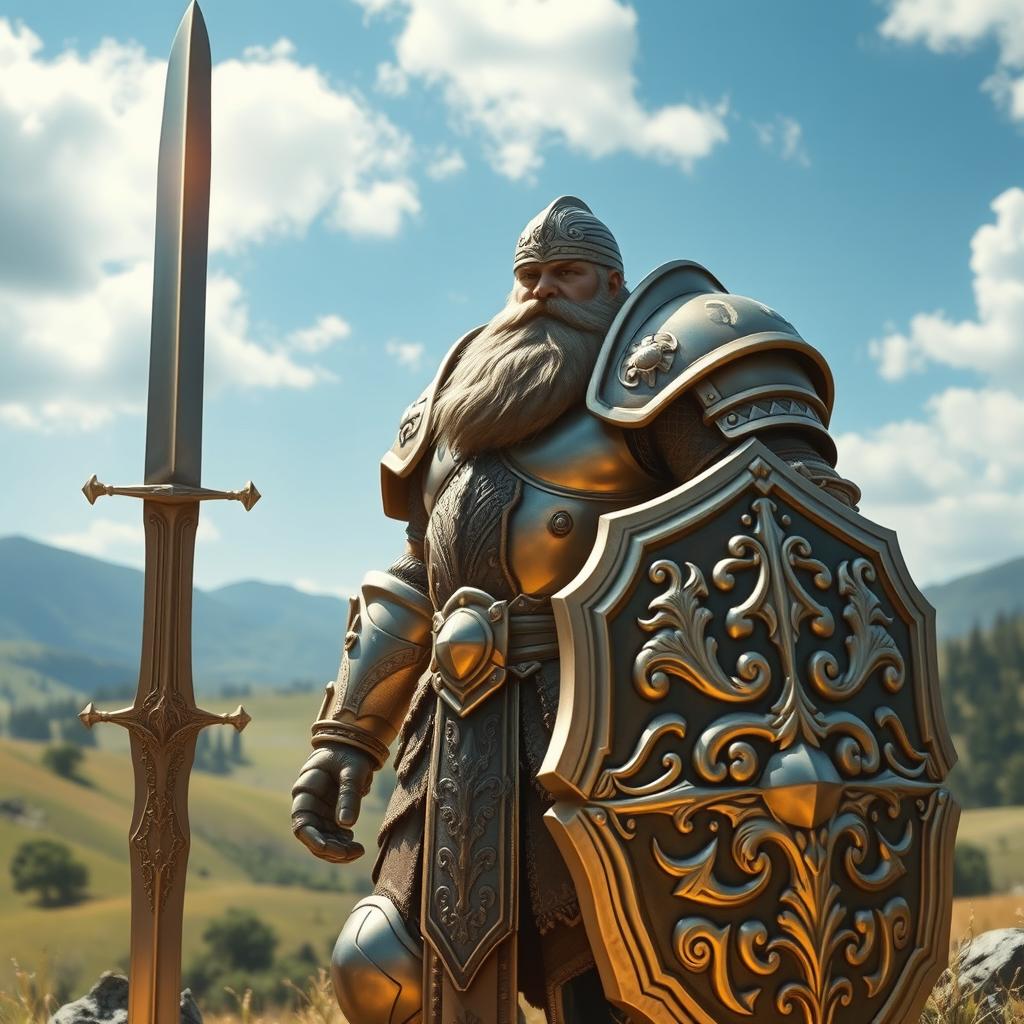A heroic Goliath Knight standing proud in a lush, fantasy landscape