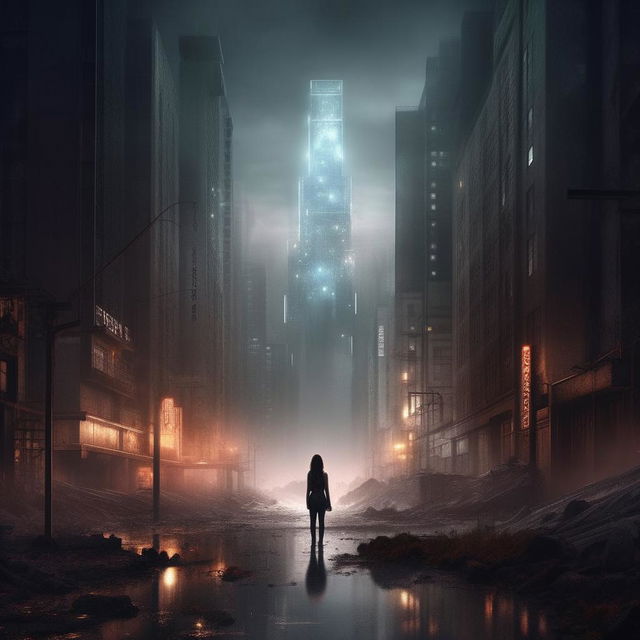 Create a trap album cover showcasing a dark, atmospheric cityscape. The main feature is a distant woman, shrouded in mystery yet bursting with light. She stands alone as the lone beacon illuminating the solemn urban expanse.