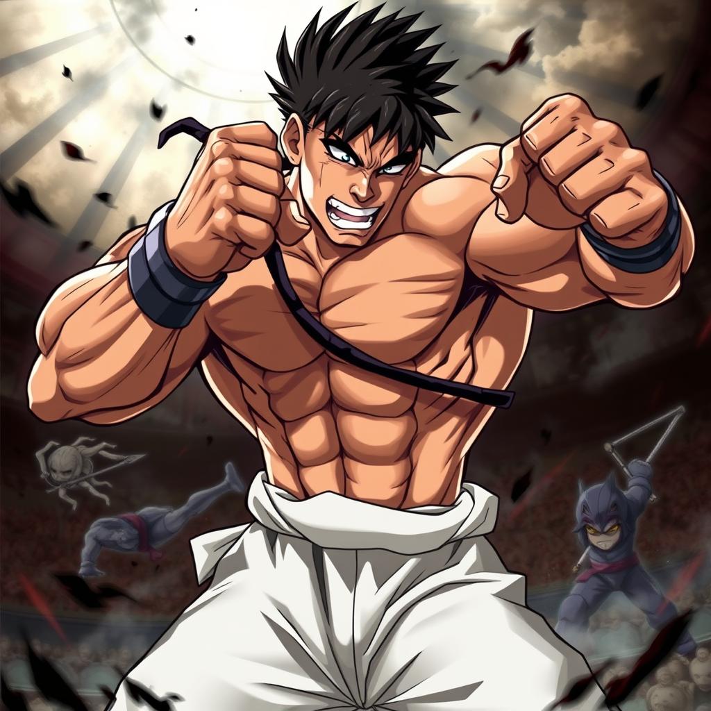 A character in the style of Baki Hanma, showcasing muscular features and intense expressions