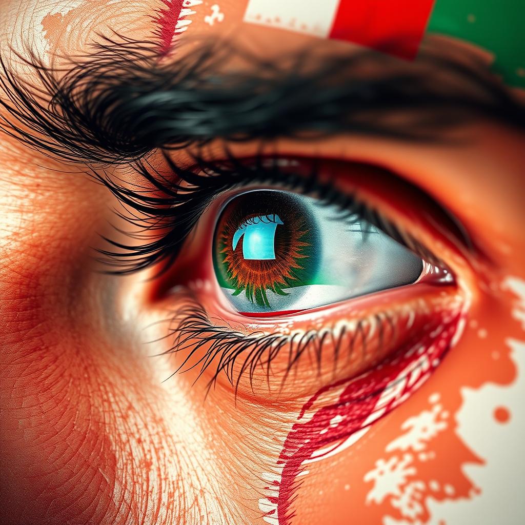 A close-up portrait of a man's eye reflecting the Lebanese flag, with vivid colors of red, white, and green intricately displayed in the eye's pupil and iris