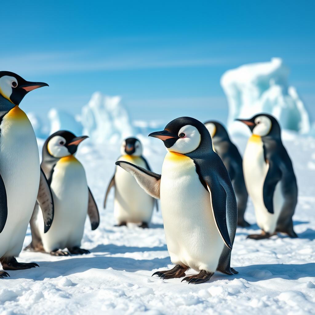 A charming scene at the North Pole featuring a small, cute penguin animatedly talking to its penguin friends