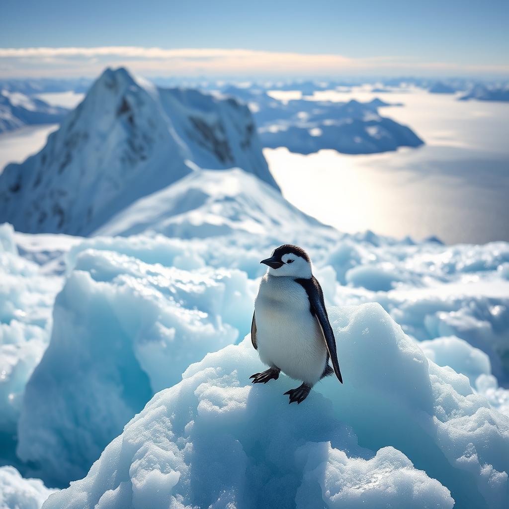 A small penguin standing proudly on a massive ice mountain in the North Pole, surrounded by sparkling blue ice and a clear sky
