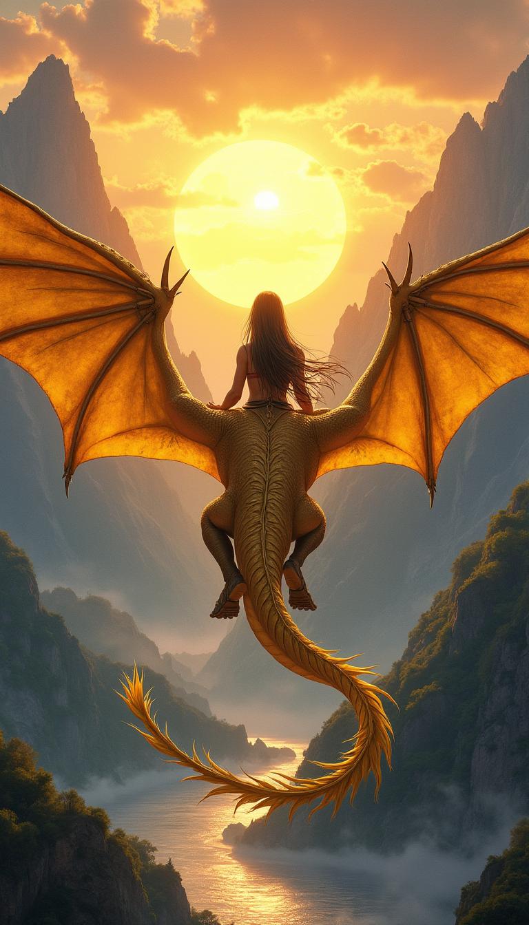 A captivating fantasy book cover illustration showcasing a woman warrior seen from behind, gliding on a magnificent golden dragon, which is clearly displayed from the back