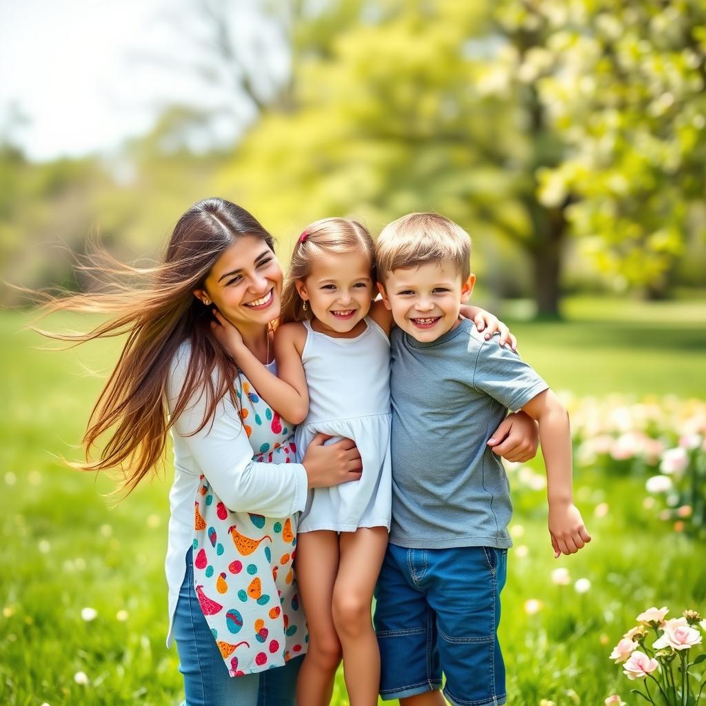 An artistic portrait of a happy family scene featuring parents in a warm embrace with their two children, a 5-year-old girl and a 5-year-old boy