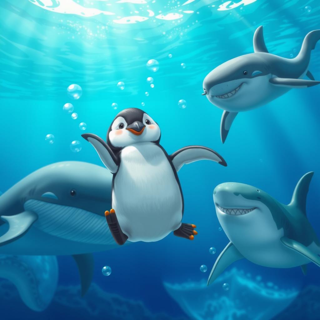 A small penguin playfully swimming in the ocean, surrounded by friendly animals