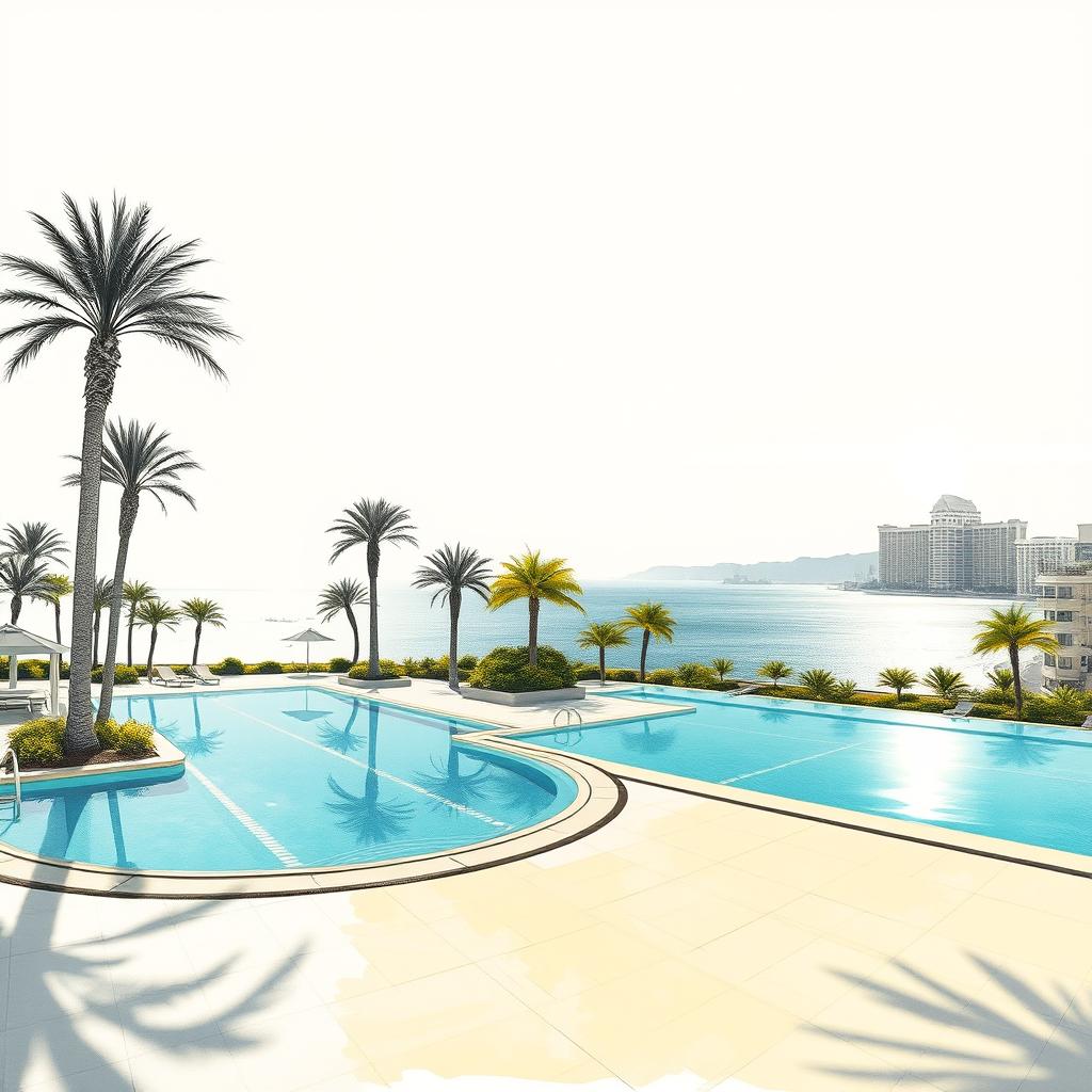 A bright and sunny day at a luxurious resort featuring two distinct sketches: one showcasing a serene swimming pool surrounded by elegant palm trees, casting soft shadows on the pristine pavement; the other illustrating a tranquil ocean view with majestic buildings in the background, hinting at a city skyline under the sun